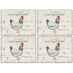 All four of the Pimpernel On The Farm placemats, red crested hen retro design
