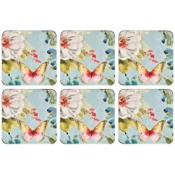 All 6 Pimpernel Coasters Colorful Breeze cheerful flowers and butterfly on pale blue background