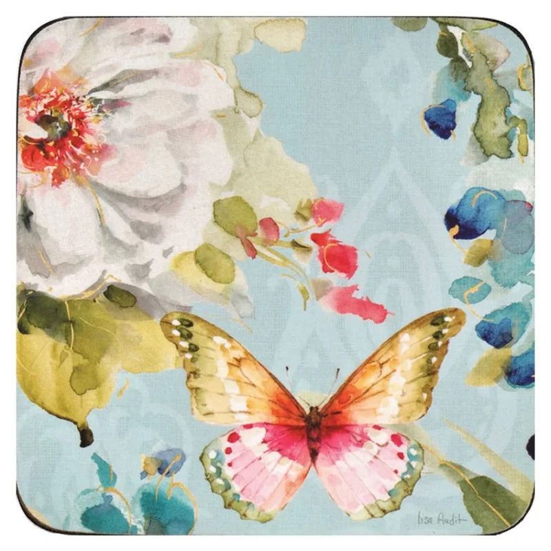 Pimpernel Coasters Colorful Breeze bright flowers and butterfly on pale blue background