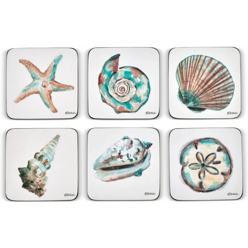 Pimpernel Coastal Shores Square Coasters assorted  sea shell designs Pimpernel Coastal Shores Square Coasters assorted  sea shell designs
