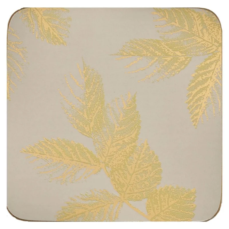 Etched Leaves Light Grey coasters by Sara Miller, gold leaves design