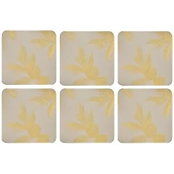 All 6 Etched Leaves Light Grey coasters by Sara Miller, gold embossed leaves design