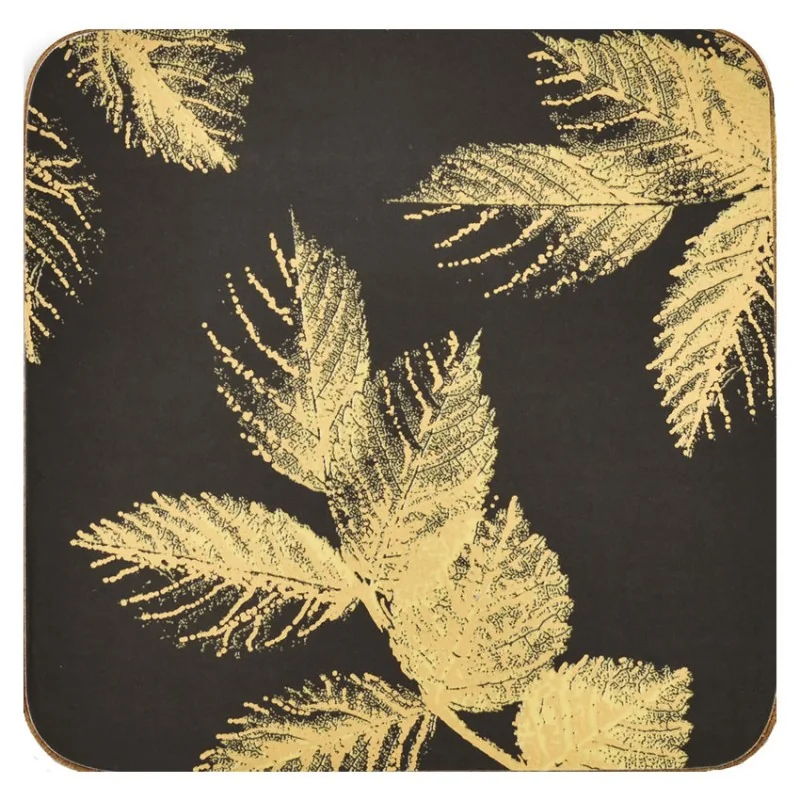Etched Leaves Dark Grey coasters by Sara Miller, gold leaves design