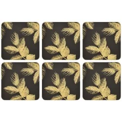 Etched Leaves Dark Grey coasters by Sara Miller, golden leaves and gold edging design, all 6