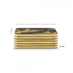 Stacked view of all 6 Etched Leaves Dark Grey coasters by Sara Miller, gold leaves design