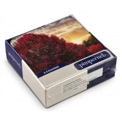 Boxed view of Crimson Trees coasters, cork backed with red tree design