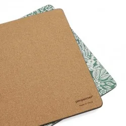Cork backed view of Tapestry Sage place mats by Pimpernel, blue-green pattern