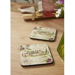 Italian farmhouse Olive Orchard drinks coasters on table by Pimpernel