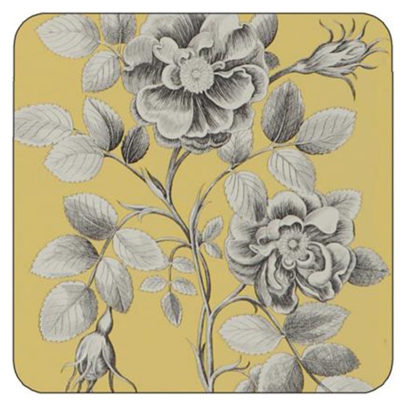 Etchings and Roses Yellow Coasters, Floral Design